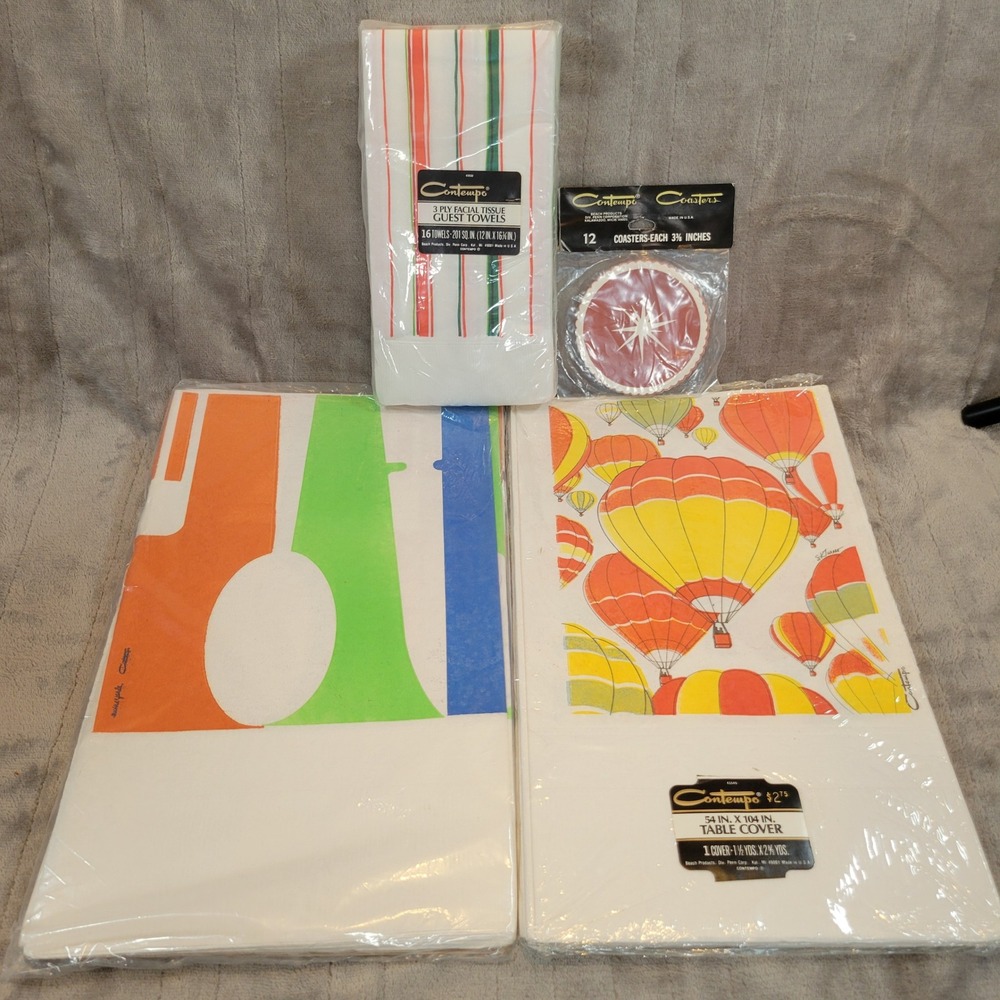 Contempo Vintage Party Supplies Lot Multicolor MCM Table Covers Guest Towels NOS